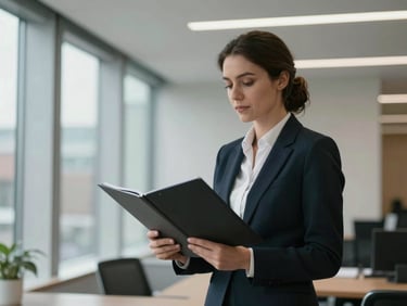 A modern UK legal office interior, a professional woman in business attire holding a document folder, soft overcast natural light, clean architectural lines.