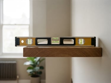 Close-up of a professional spirit level resting perfectly flat on a newly mounted oak shelf, bright natural indoor daylight, sharp focus, 35mm