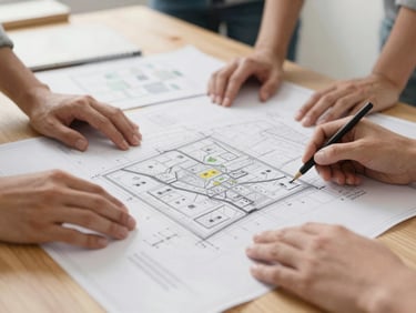 Hands reviewing physical site maps and blueprints on a wooden table, bright natural daylight, high detail.