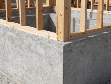Close-up architectural detail of a solid concrete foundation and timber framing, bright daylight, high detail.