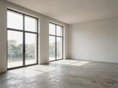 Bright interior of a modern apartment showing clean lines, natural light pouring through large steel-framed windows, concrete floor, muted earth tones.
