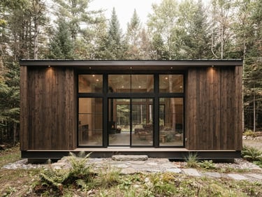 Straight-on architectural shot of a minimalist timber and glass cabin facade, bright natural daylight, muted forest green surroundings, high detail.