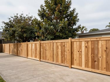 Wide-angle shot of a property boundary line marked by clean wooden fencing and mature trees, soft overcast sky.