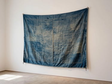 A large hand-woven indigo textile hanging in a bright white gallery space, soft diffused daylight, architectural composition.