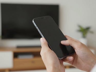 Hand pressing a smartphone to ear, daylight-neutral indoor light, finger visible on the screen edge, blurred living room background with a dark TV screen