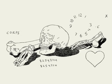 black and white digital art of the human anatomy with a clock computer code a heart and the word "corps"