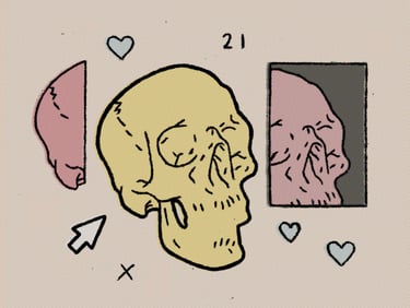 Rough halftoned digital art in comic style with pop art colors skulls code and a computer mouse and hearts