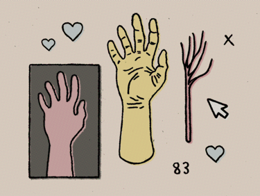 Rough halftoned digital art in comic style with pop art colors anatomical hands code arrow and hearts