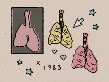 Rough halftoned digital art in comic style with pop art colors lungs code arrow and stars hearts