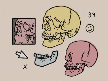Rough halftoned digital art in comic style with pop art colors skulls code arrow and a smiley face