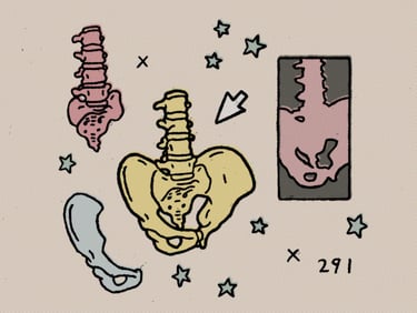 Rough halftoned digital art in comic style with pop art colors a pelvis code arrow and stars