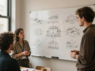 A collaborative workshop environment with a hand-drawn architectural systems diagram on a whiteboard, soft warm lighting, focused professionals in active discussion.