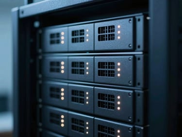 Macro shot of a sleek server rack with blinking indicator lights, cool blue and slate tones, shallow depth of field, moody corporate environment.