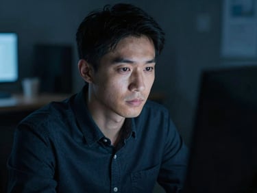 Medium close-up of a focused engineer in a dark workspace, sharp screen-glow highlights on their face, cool blue tones, moody editorial photography.