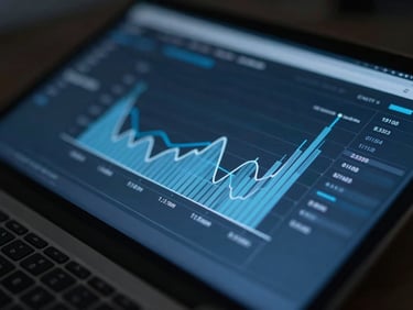 Macro close-up shot of a sleek financial interface under low-key ambient office light, cool blue and slate tones, shallow depth of field, displaying abstract data graphs.