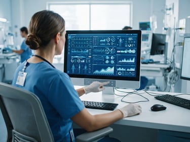 Over-the-shoulder view of a clean healthcare data interface on a screen, professional medical setting, sterile blue and white tones, bright cool daylight, 35mm