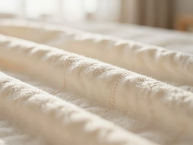 Macro close-up of ultra-soft organic cotton weave, warm morning sunlight highlighting the delicate flat seams, shallow depth of field