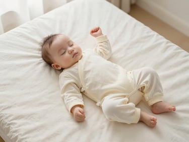 Overhead shot of a peaceful baby sleeping in a cream-colored sleepsuit on a soft organic mattress, diffused morning window light