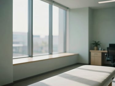 A serene, uncluttered modern therapy office with soft natural daylight streaming through a large window, structured architectural lines, shallow depth of field.