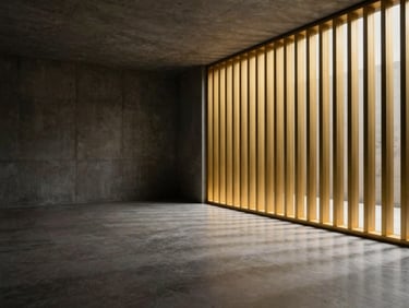 A split-screen visualization: on the left, a raw, unlit concrete room; on the right, the same room rendered with glowing gold WPC louvers and a polished white marble floor, seamless transition, cinematic architectural lighting.