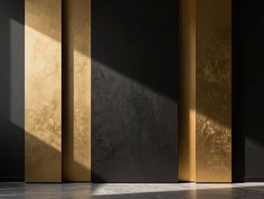 Stark minimalist living room with dramatic shadows, luxury wall panels, high-contrast black and gold tones, 35mm lens