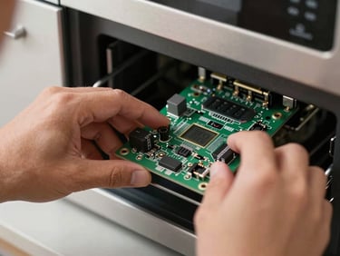 Close-up of hands testing a modern digital control board on a premium kitchen appliance with clinical precision.