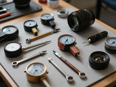 An organized toolkit with calibrated diagnostic meters and tools laid out neatly on a protective work mat.