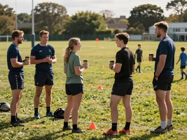 Candid environmental shot of expat families socializing on the sidelines of a rugby pitch, parents holding coffee cups, smiling and watching kids train under bright morning sunlight.