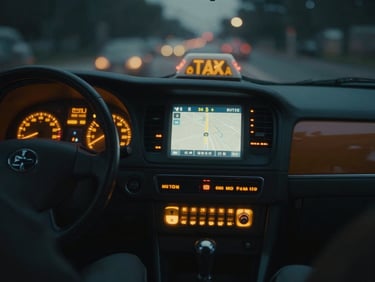 Wide panoramic view of a taxi dashboard at night, glowing amber lights, GPS map on screen, shallow depth of field, cinematic editorial photography, cool night tones with warm amber dashboard light, high contrast, 35mm