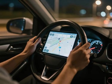 Close-up of a driver's hands on a steering wheel at night, tablet mounted showing route, urban streetlights visible, shallow depth of field, cinematic editorial photography, cool night tones with warm amber dashboard light, high contrast, 35mm