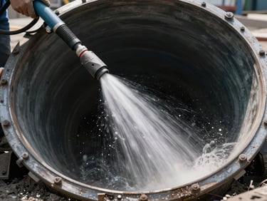 Wide shot of a hydro-jetting machine nozzle firing a high-pressure water stream into a large drain pipe opening, daylight from above illuminating the spray and pipe interior, industrial work site context