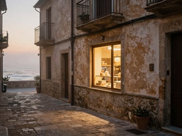 A misty morning over a coastal Spanish village, narrow stone streets, a small bakery window glowing warmly