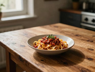 A rustic wooden table in a dimly lit Italian kitchen, a bowl of fresh hand-rolled pasta with rich ragù, natural window light