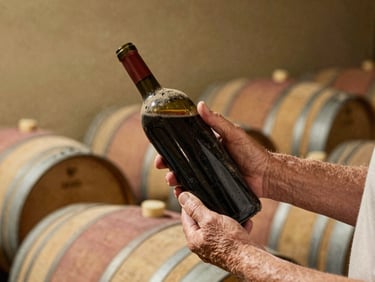 Hands of an elderly winemaker holding a dusty bottle of red wine, soft natural light, rustic cellar background