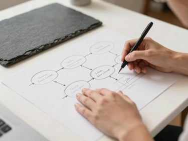 Focused professional hands sketching a structured workflow diagram on a large white table, natural daylight, warm slate and sand color palette, 35mm