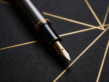 Macro close-up of a premium fountain pen resting on a dark, heavy textured paper with geometric gold leaf lines, dramatic directional lighting, low-key chiaroscuro, 35mm film