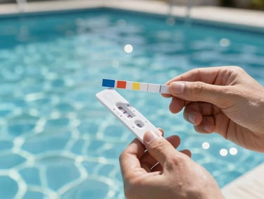Hands holding a water test strip above a pool, comparing colors against a reference card under bright daylight, pool surface shimmering in the background