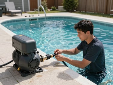 Close overhead view of a pool being opened in spring — technician connecting hose fittings on the pump equipment beside the pool deck, bright midday sunlight, suburban Quebec backyard with a fence visible in the background