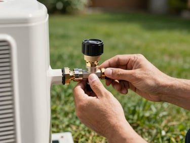 Technician's hands adjusting a pool heat pump valve, outdoor backyard, full sun, green grass background
