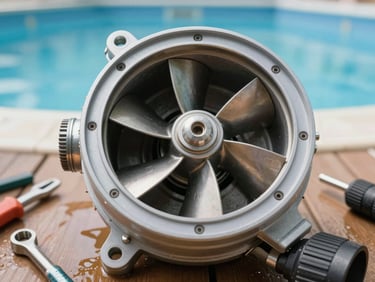 Close-up of a pool pump impeller housing being opened, bright daylight, tools visible on wet pool deck