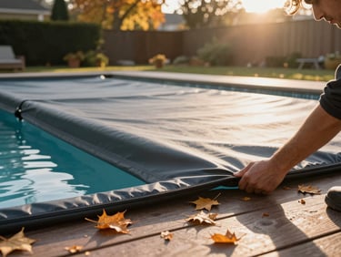 A pool cover being stretched across a backyard pool in autumn light, fallen leaves on the deck, technician's hands securing the edge, warm late-afternoon sun