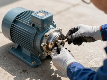 Close-up of a pool pump motor and filter housing on an equipment pad, a technician's gloved hand inspecting a fitting, sharp midday sunlight casting short shadows