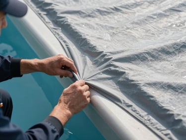 Overhead view of a pool winter cover edge being inspected, daylight, technician hands pulling back the cover to check for water infiltration
