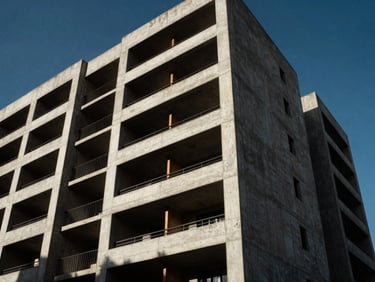 Low-angle architectural shot of a modern concrete residential building frame under high-contrast West African daylight, clean structured lines, deep shadows, 35mm.