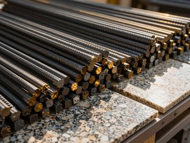 Macro shot of premium building materials, neatly stacked high-grade steel reinforcement bars and polished granite tiles in an architectural showroom, warm golden hour glint.