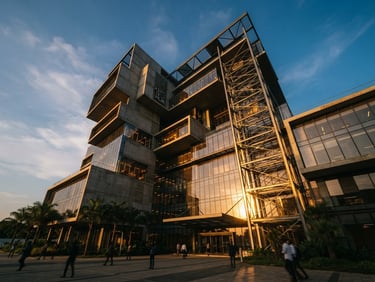 Low-angle architectural shot of a modern concrete and glass tech hub in Abidjan, sharp golden hour sun glinting off structural steel, clean minimalist lines, editorial 35mm.