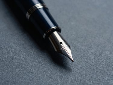 Extreme close-up of a fountain pen nib resting on heavy textured paper, sharp focus, dramatic side lighting, deep navy shadows, cool editorial style, 35mm.