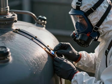 Close-up of a technician checking a water tank seal, wearing a full respirator mask and protective suit, bright highlights on the sealing gasket, dark background.