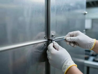 Macro shot of physical barrier installation in a commercial kitchen wall, clean steel surfaces, technician wearing protective gloves sealing a joint, cool blue tones.