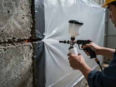 Technician applying specialized waterproofing membrane to a concrete foundation joint, spray applicator in hand, high-contrast cool lighting.